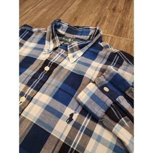 Polo Ralph Lauren Mens Custom Fit Plaid Button Down Shirt Blue White Large